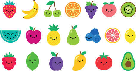 Obraz premium Cute fruit vector icon set with colorful smiling kawaii characters including strawberry banana apple and orange