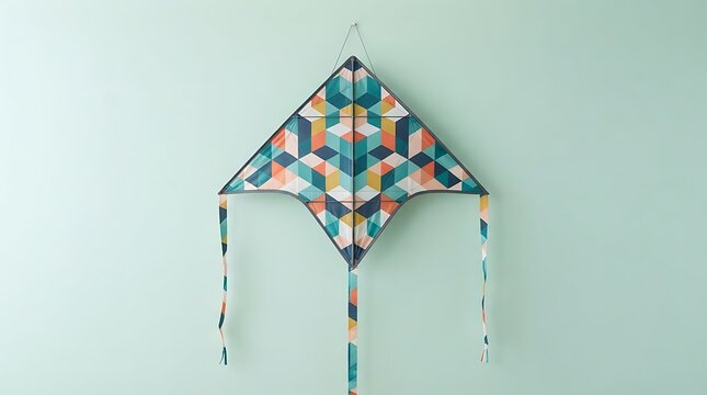 Colorful geometric kite hanging on light blue background with decorative tassels
