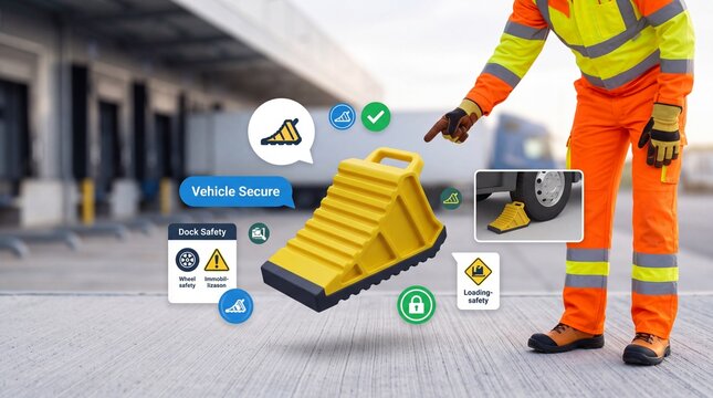 Worker in high visibility clothing pointing at a yellow wheel chock for vehicle safety with informational safety icons gestures toward floating reflective safety gear immobilization