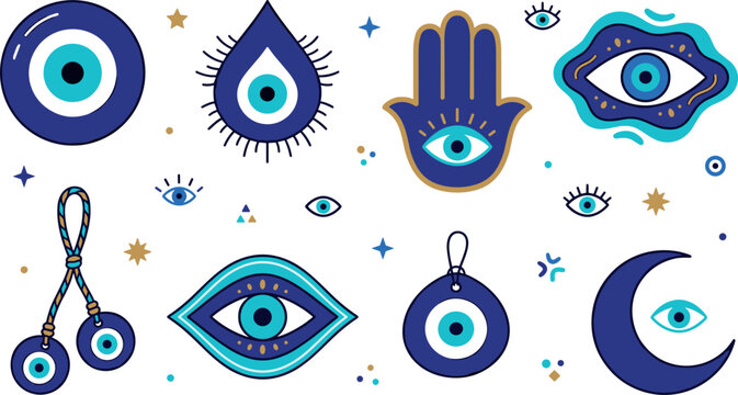 Evil eye amulet vector icon set featuring blue nazar protection charms hamsa hand hamsa amulet talisman and mystical symbols