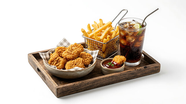 Delicious Fried Chicken Nuggets, French Fries, and Iced Soda on Wooden Tray