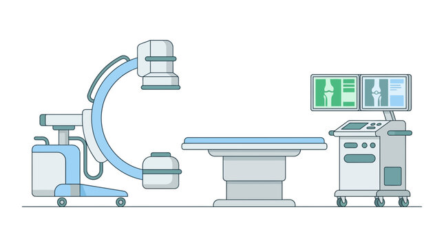 Medical C-arm machine with examination table and monitors, isolated