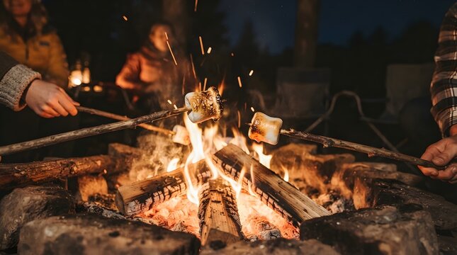 Close Up of Marshmallows Roasting Over an Open Bonfire Pit, Toasted Marshmallow Camping Treat, Outdoor Campfire Cooking, Summer Evening and Cozy Fireside Recreation