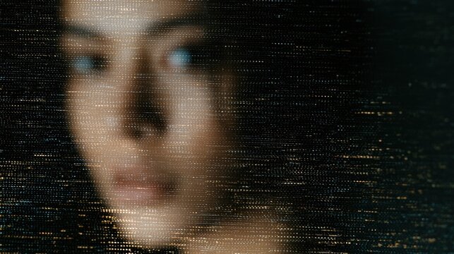 An abstract portrait depicting a softly blurred face behind a textured black veil. The veil is adorned with thin, horizontal lines of shimmering dust, reminiscent of a digital screen or matrix.
