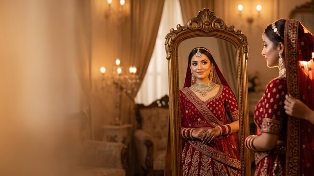 Indian Bride Getting Ready &ndash; Elegant Red Bridal Lehenga and Mirror Glow.
