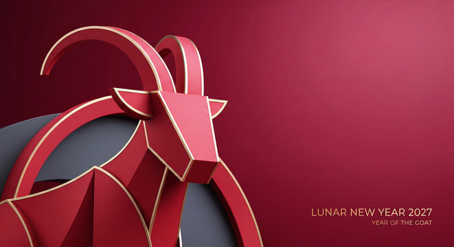 Lunar New Year 2027 Paper Cut Goat Head Red and Gold Greeting Card Design