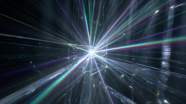 Abstract hyperspace flight through a digital space tunnel with glowing neon light beams and rainbow spectrum refraction