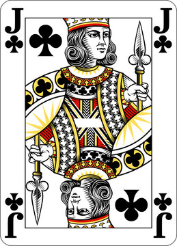 Jack of Clubs design from a new original deck of playing cards. Four pip left handed version with identifier in all four corners.