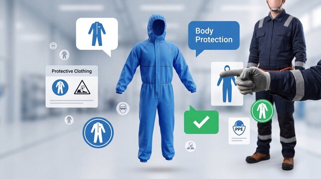 Industrial worker gesturing toward a blue protective coverall suit with safety icons in a factory with surrounded safety equipment worker points floating manufacturing professional