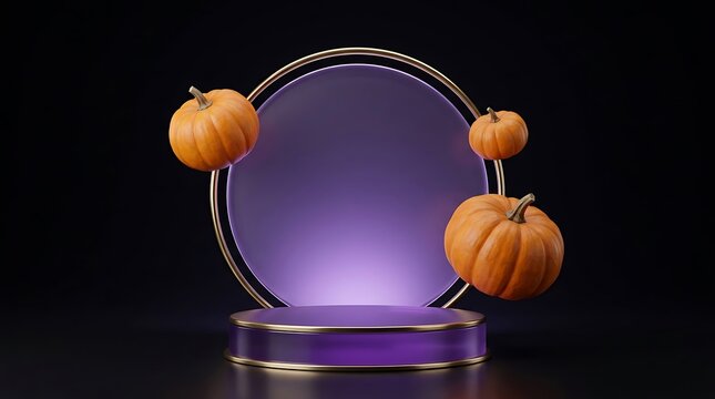 Round purple podium with golden frame and orange pumpkins floating against a dark luxury background