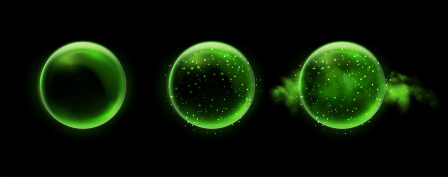 Green magic fantasy spheres set. Crystal ball with glowing sparkles and particles. Energy orb with glow flare light effect. Isolated on black background. Vector illustration.