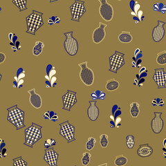 Seamless pattern of decorative vases and floral motifs © fahmi