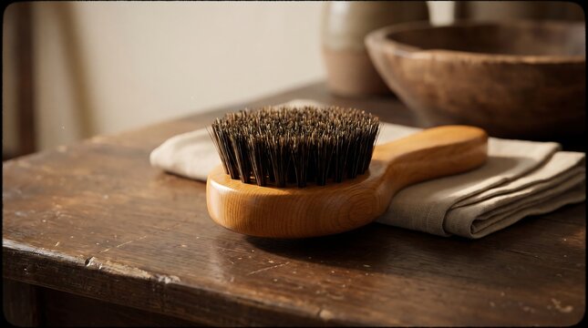 Wooden handheld grooming brush with natural bristles resting on rustic dark wood surface beside folded linen cloth in atmospheric lighting.