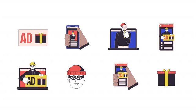 Deceptive online ads cartoon animation pack. Fake promotions. Gift offers. Masked fraudsters in laptop and smartphone. Digital scam animated flat 4K video collection isolated on transparent background