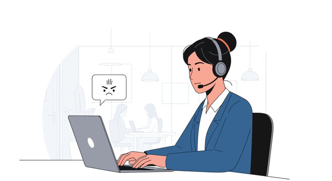 Customer service agent with angry emoji, working on laptop, isolated