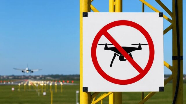 No-drone prohibition sign by airport runway as passenger jet approaches to land