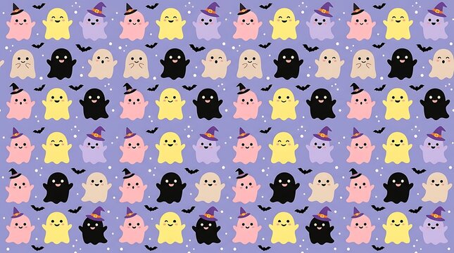 Cute colorful halloween ghost pattern featuring funny friendly spirits with purple hats on light blue background