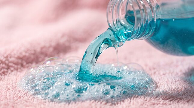 Blue liquid detergent pouring from bottle onto soft pink towel creating soap bubbles and foam for laundry hygiene and fabric care household advertising.