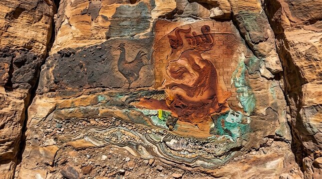 Ancient rock art depicting figures and animals