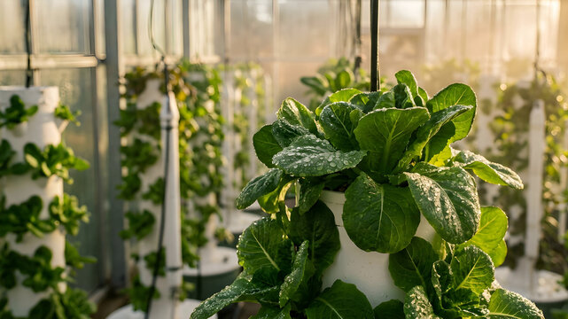 Sustainable agriculture greenhouse with hydroponic vertical farming systems and early morning