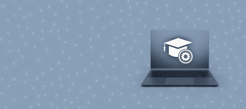 Online education concept with a laptop computer showing an academic cap and a gear icon on screen against a digital network background with copy space.