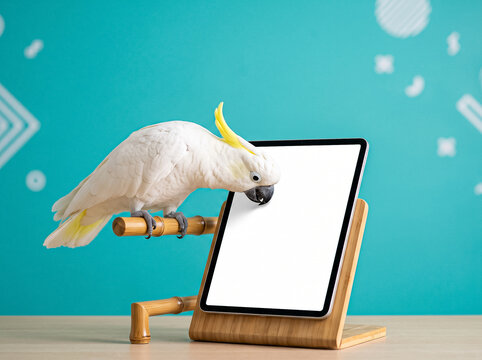 white cockatoo parrot with bright yellow crest sits on bamboo perch and gently peeks at blank white tablet screen in wooden stand against vivid turquoise wall with abstract patterns