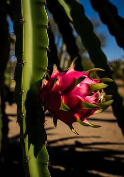 Close-up of vibrant red dragon fruit blooming on plant