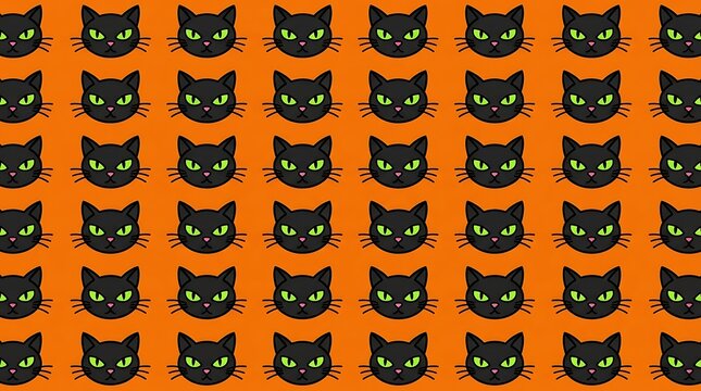 Black cat head illustration pattern repeated on a bright vibrant orange background for Halloween holiday decor