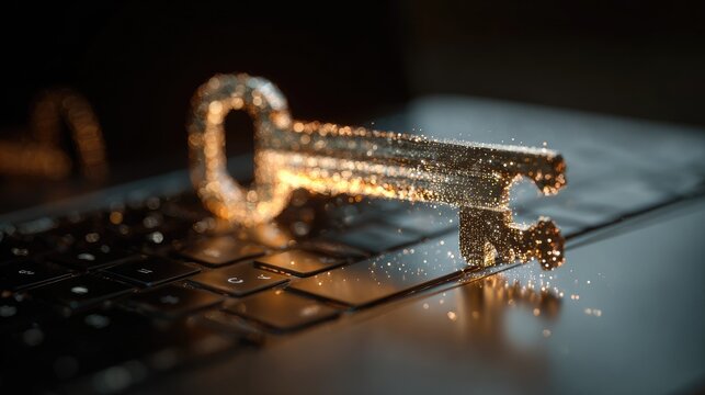 Golden key on laptop keyboard