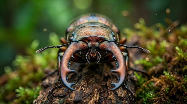 Stag beetle close up on mossy wood in nature