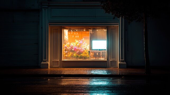 Illuminated flower shop storefront at night