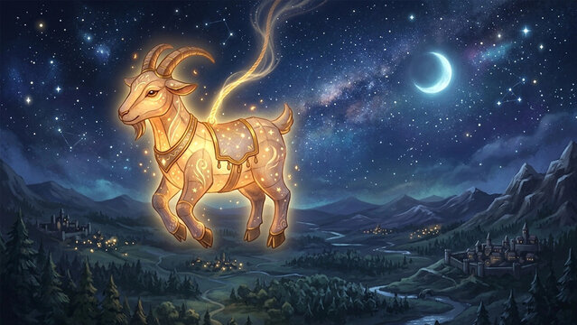 Magical flying goat with stars, fantasy landscape, nighttime scene, glowing background