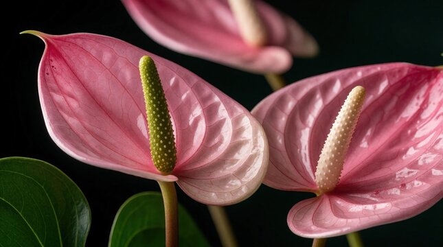 Close view of pink anthurium flowers. Delicate petals and green spadix are in focus against a dark background. These tropical plants show natural beauty.
