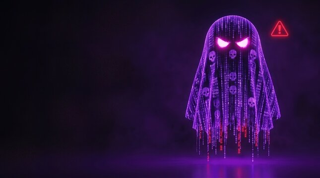 Cybersecurity Halloween ghost concept with corrupted purple code, skull symbols, malware data streams and red warning signal against a dark background with copy space