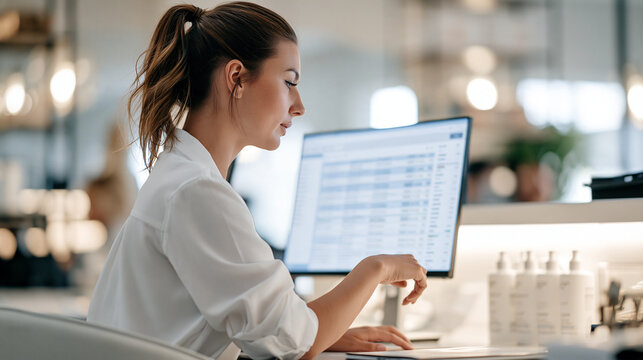 Over the shoulder view of a confident european salon manager sitting at a bright reception desk watching a monitor as a digital appointment roster dynamically rebuilds itself with stylist