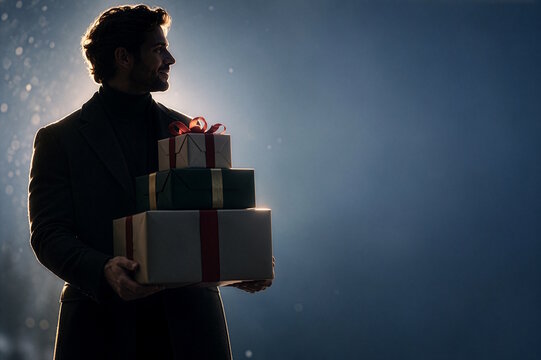 Man holding stacked Christmas gifts with copy space, festive holiday shopping and gift giving concept