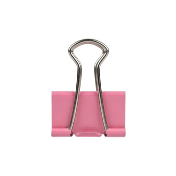 Small pink metal binder clip with silver wire handles for holding paper documents and office organization isolated on a transparent background