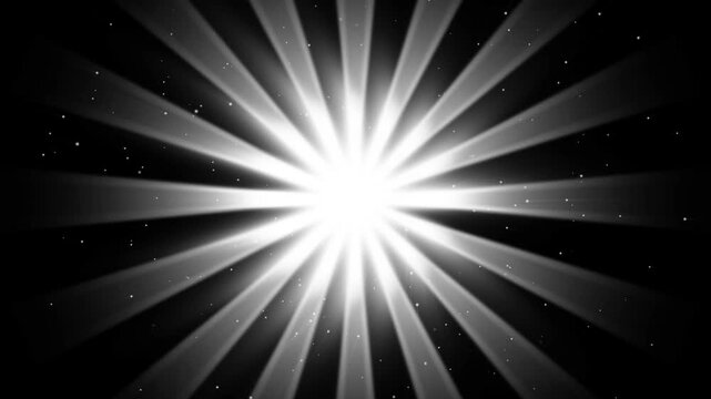 White light rays rotate from a bright center with sparkling particles, creating a dramatic background for celebration, luxury and success.