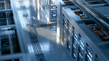 Fototapeta na wymiar Aerial top down view of a bright cloud data center aisle with a row of server racks linked by a liquid cooling loop and floor mounted coolant piping clean polished floor reflecting the