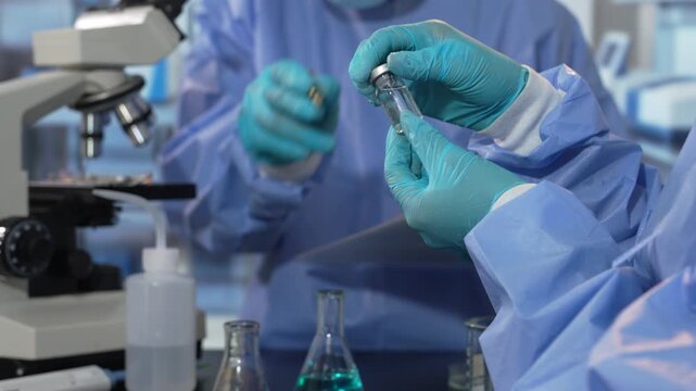 Lab work, scientists holds a test tube takes the test from a test tube in analysis for vaccine development.