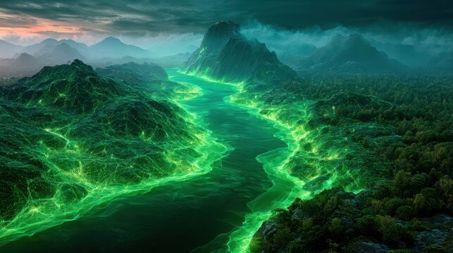 A glowing green river flows through misty, mountainous terrain under a dramatic, cloudy sky at dusk.