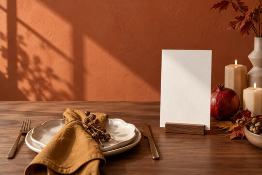 Modern Thanksgiving Table with Blank Menu Card on Terracotta Background