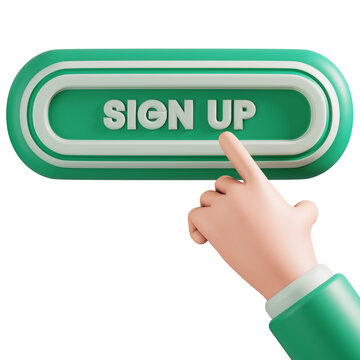 Green sign up button clicked by hand 3D rendering for registration website