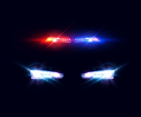 Flashing red and blue emergency vehicle lights with bright lens flares and intense police siren illumination effect. © MAKSYM
