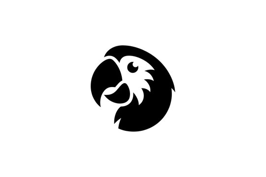 A simple black silhouette logo featuring the head of a tropical parrot with a distinct eye and beak