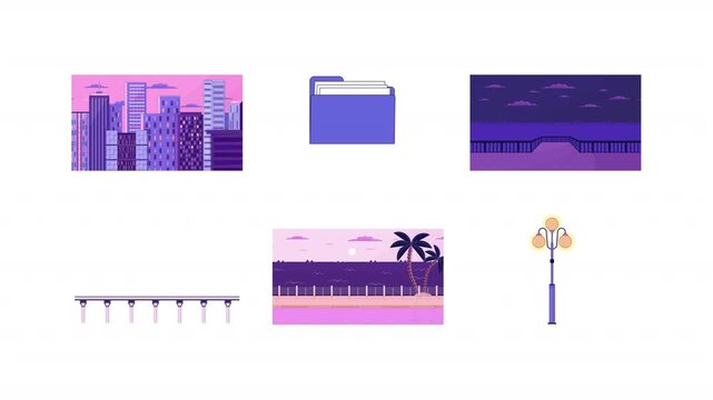 Urban skyline dusk cartoon animation pack. Coastal road. Elevated transit with bullet train. Street lamp with folder. Outdoor sceneries animated flat 4K video collection on transparent background