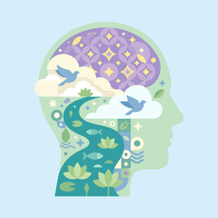 Fototapeta premium A stylized human head profile showing a peaceful inner landscape