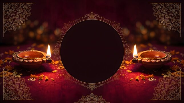 Ornate vintage frame with burning candles and a rich red background texture