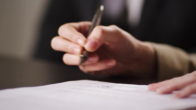 Close up of a professional business person hand using a pen to sign a legal corporate contract document on a desk