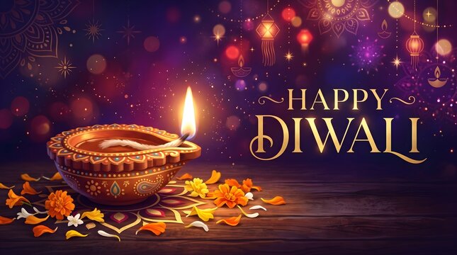 Festive happy diwali celebration with traditional oil lamp and colorful bokeh lights